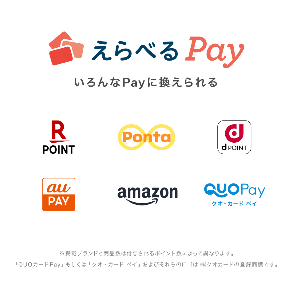 えらべるPay　いろんなPayに換えられる PayPayポイント・楽天ポイント・アマゾン・dポイント・auPay・クオカードペイ